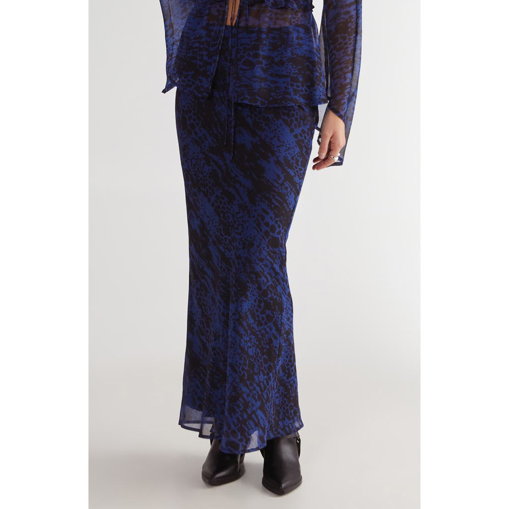 Nasty Gal Snakeskin Print Bias Cut Crinkle Chiffon Maxi Skirt In Blue