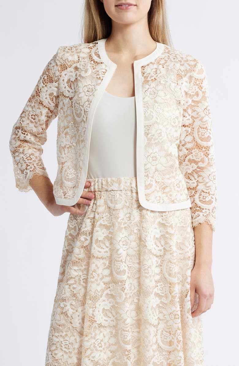 Anne Klein Floral Lace Open Front Jacket, Main, color, White