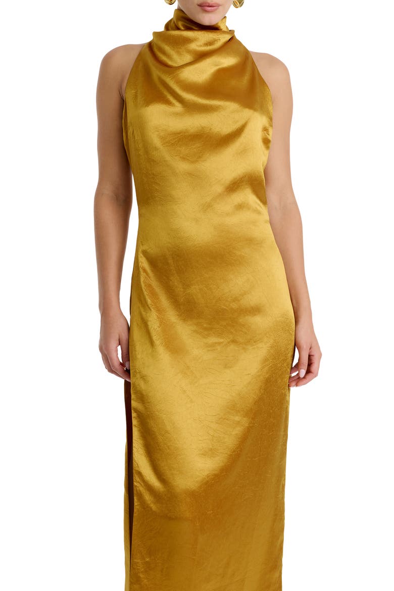 Thea High Neck Satin Gown, Alternate, color, GOLDEN