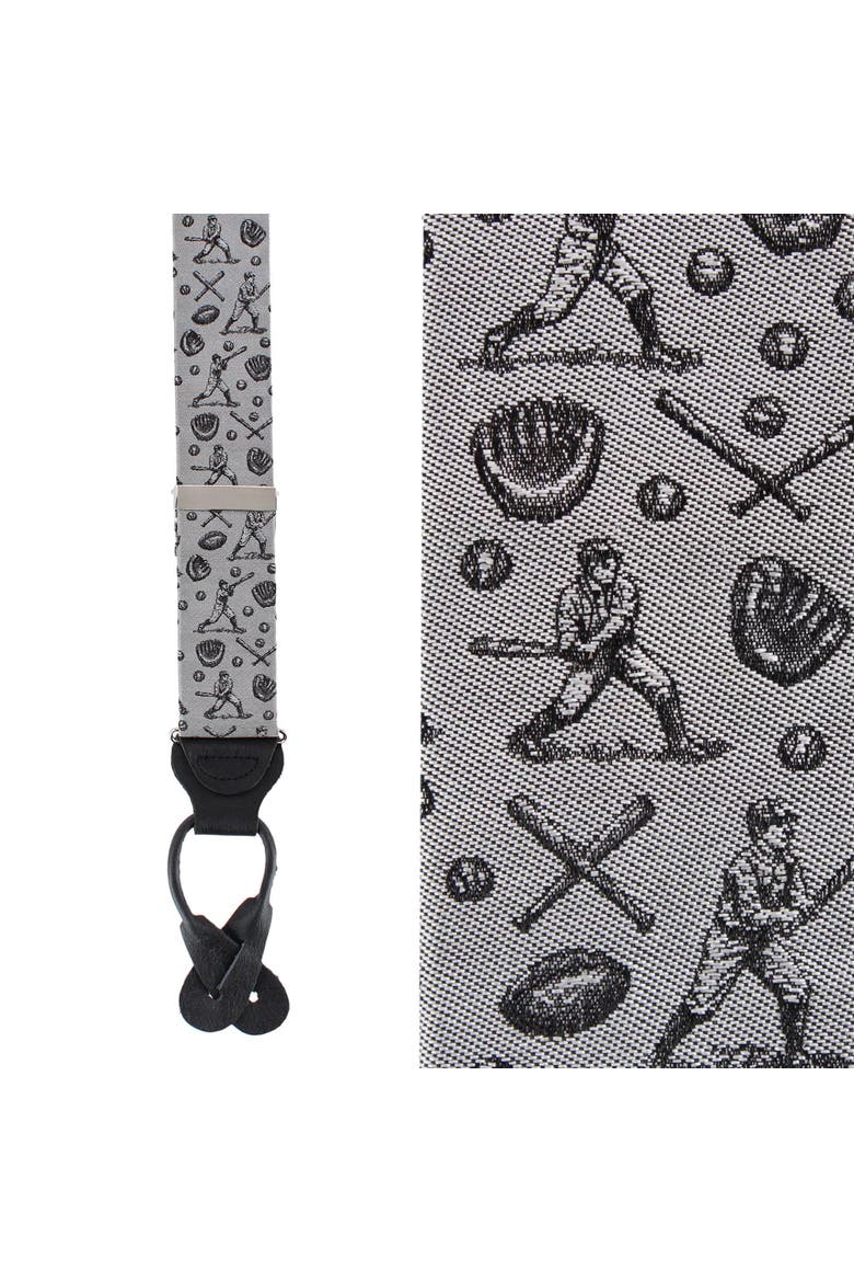 Batter Up Novelty Baseball Silk Button End Suspenders, Main, color, Silver