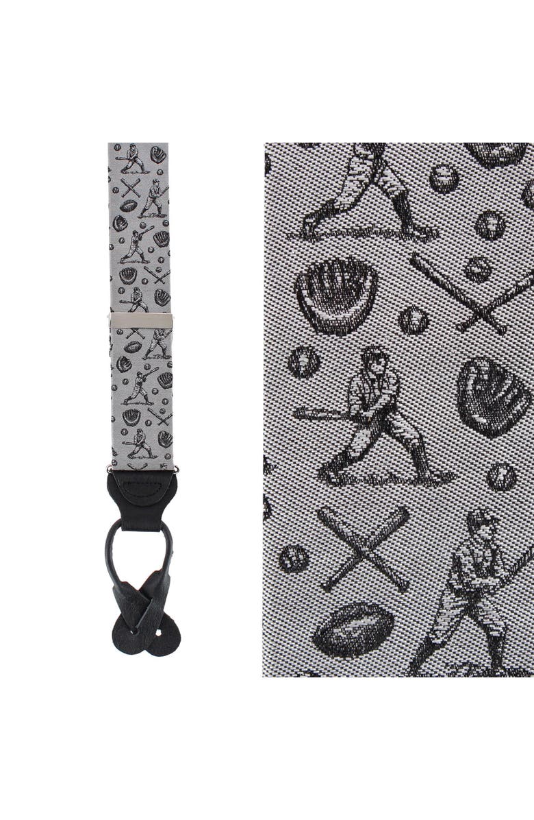 Trafalgar Batter Up Novelty Baseball Silk Button End Suspenders, Main, color, Silver