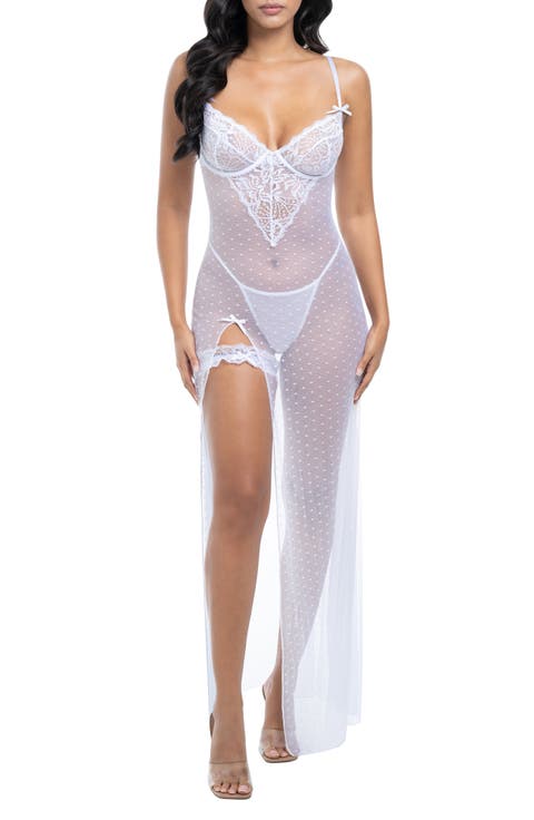 Livia Lace Trim Mesh Underwire Nightgown & G-String Set