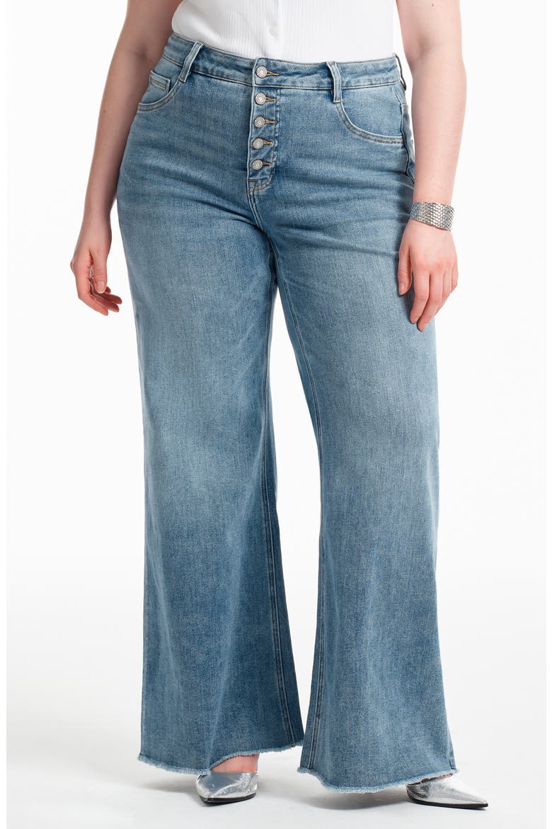 Frayed Mid Rise Wide Leg Jeans, Main, color, LIGHT BLUE
