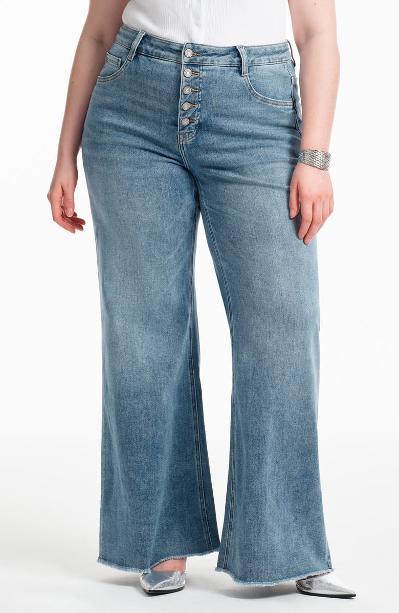 Bayeas Frayed Mid Rise Wide Leg Jeans, Main, color,