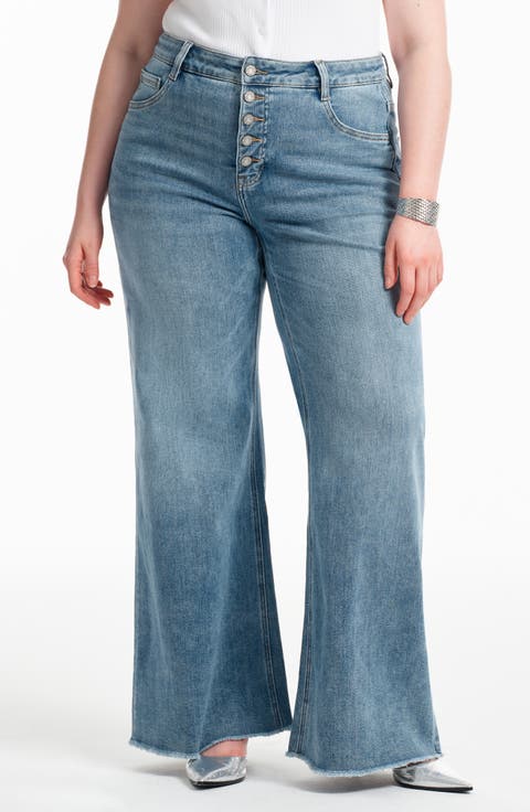 Frayed Mid Rise Wide Leg Jeans (Plus)