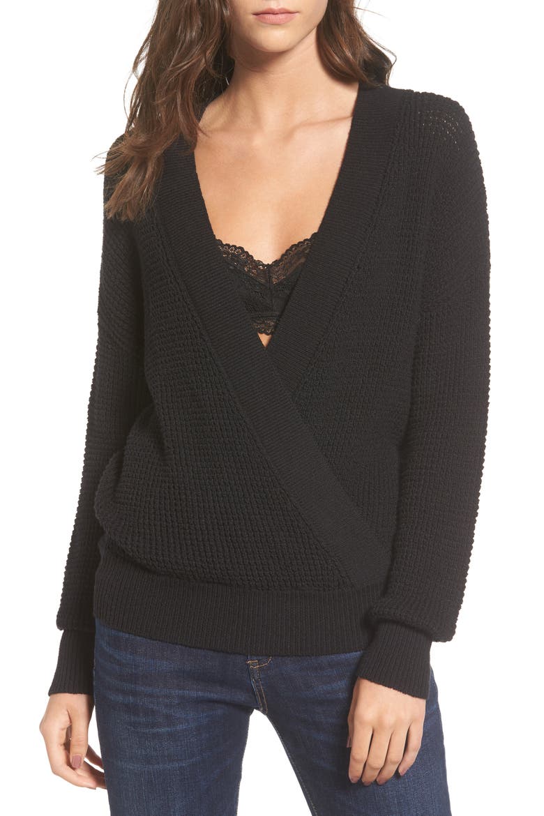 Stephanie Surplice Sweater, Main, color, BLACK