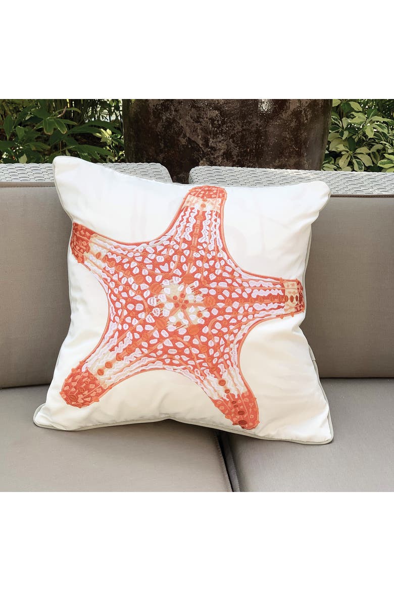 Coral Starfish Embroidered Indoor/Outdoor Accent Throw Pillow Decor, Alternate, color, Orange
