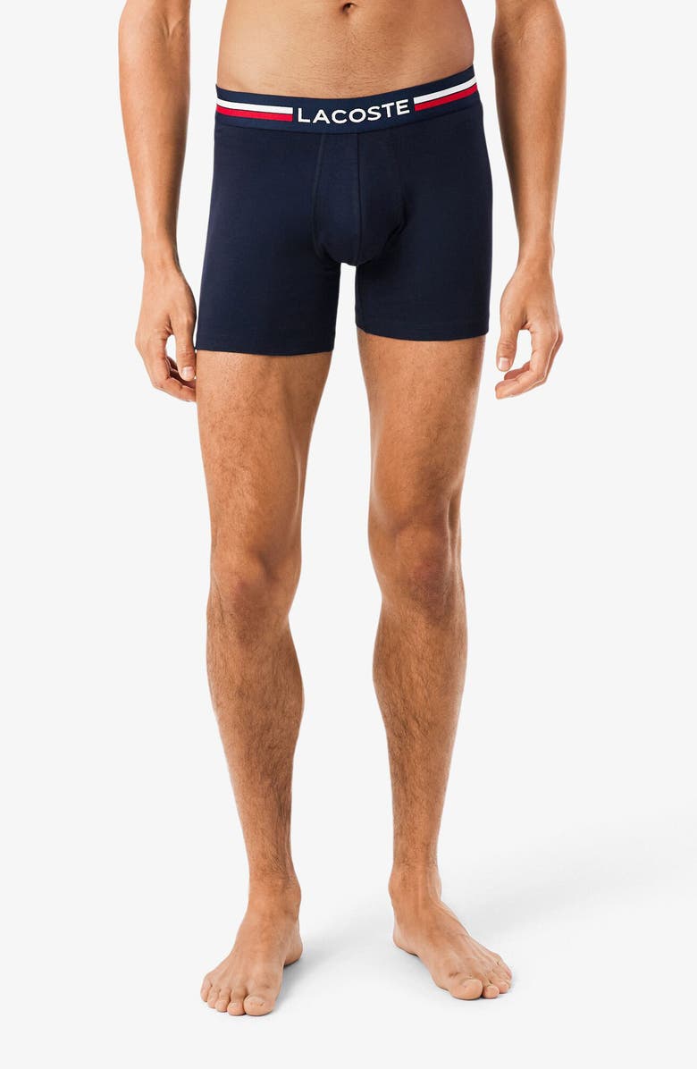 Lacoste Assorted 3-Pack Stretch Cotton Boxer Briefs, Main, color, Navy Blue/ Silver Chine/ Red
