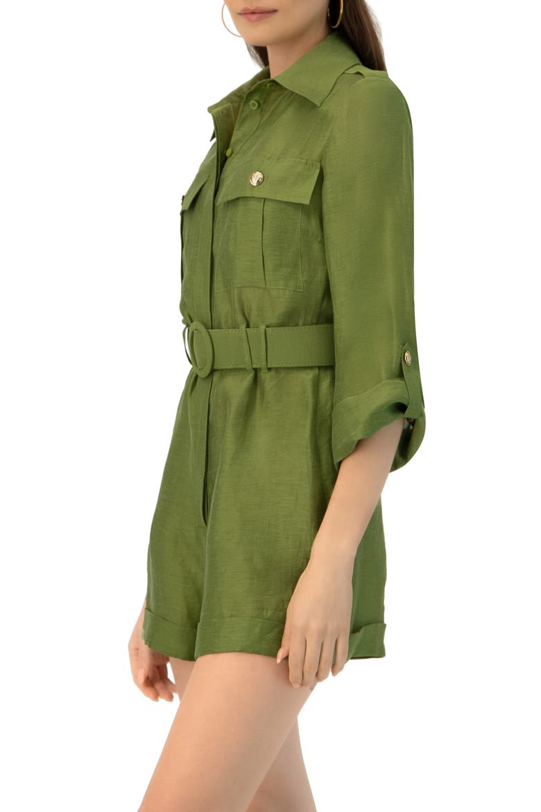 Belted Linen Romper with Cargo Patch Pockets, Alternate, color, Green