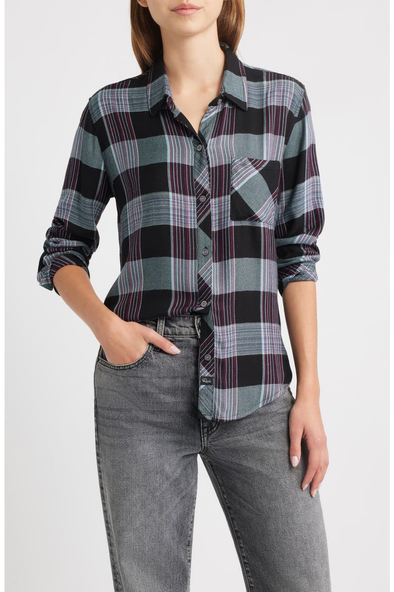 Hunter Plaid Button-Up Shirt, Main, color, CINDER AQUA MULBERRY