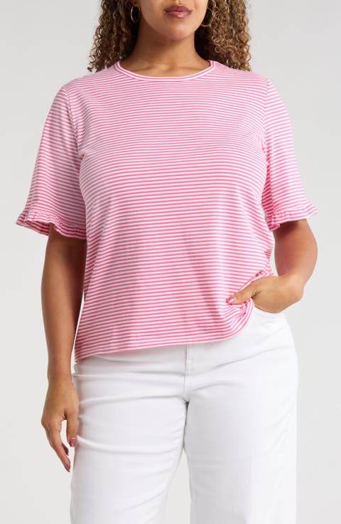 Stripe Frill Sleeve Stretch Cotton Top (Plus)