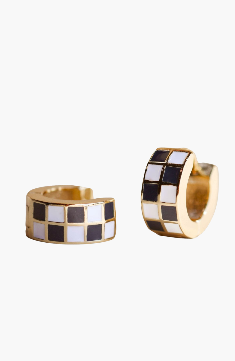Nickel & Suede Checkered Enamel Huggies, Alternate, color, Black & White Checkered