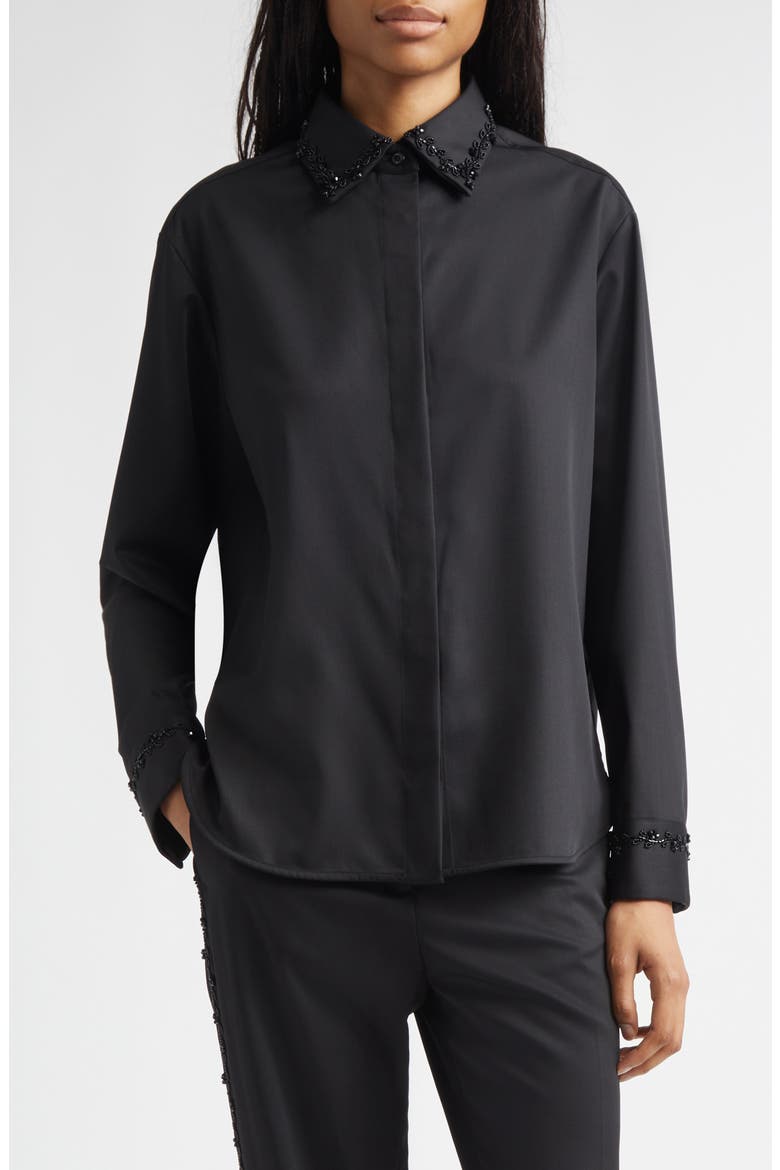 Journey Floral Beaded Virgin Wool Twill Button-Up Shirt, Main, color, BLACK