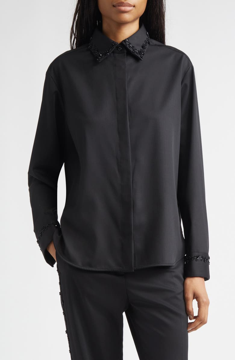 Golden Goose Journey Floral Beaded Virgin Wool Twill Button-Up Shirt, Main, color, Black