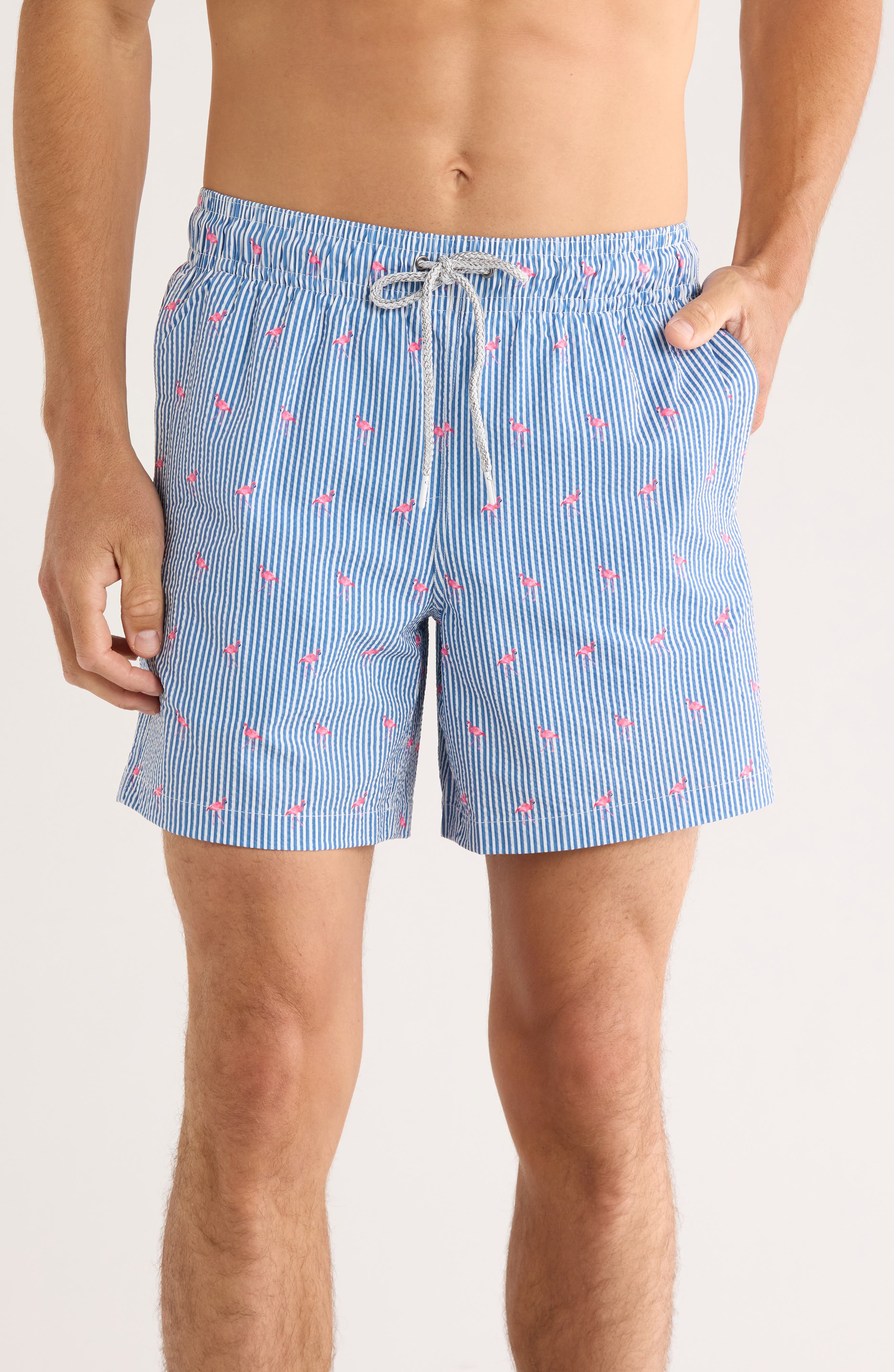 Rainforest Flamingo Stripe Seersucker Swim Trunks