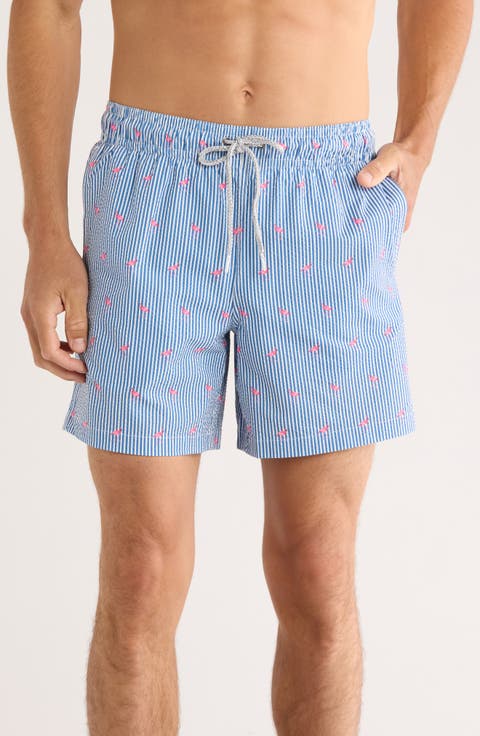 Flamingo Stripe Seersucker Swim Trunks
