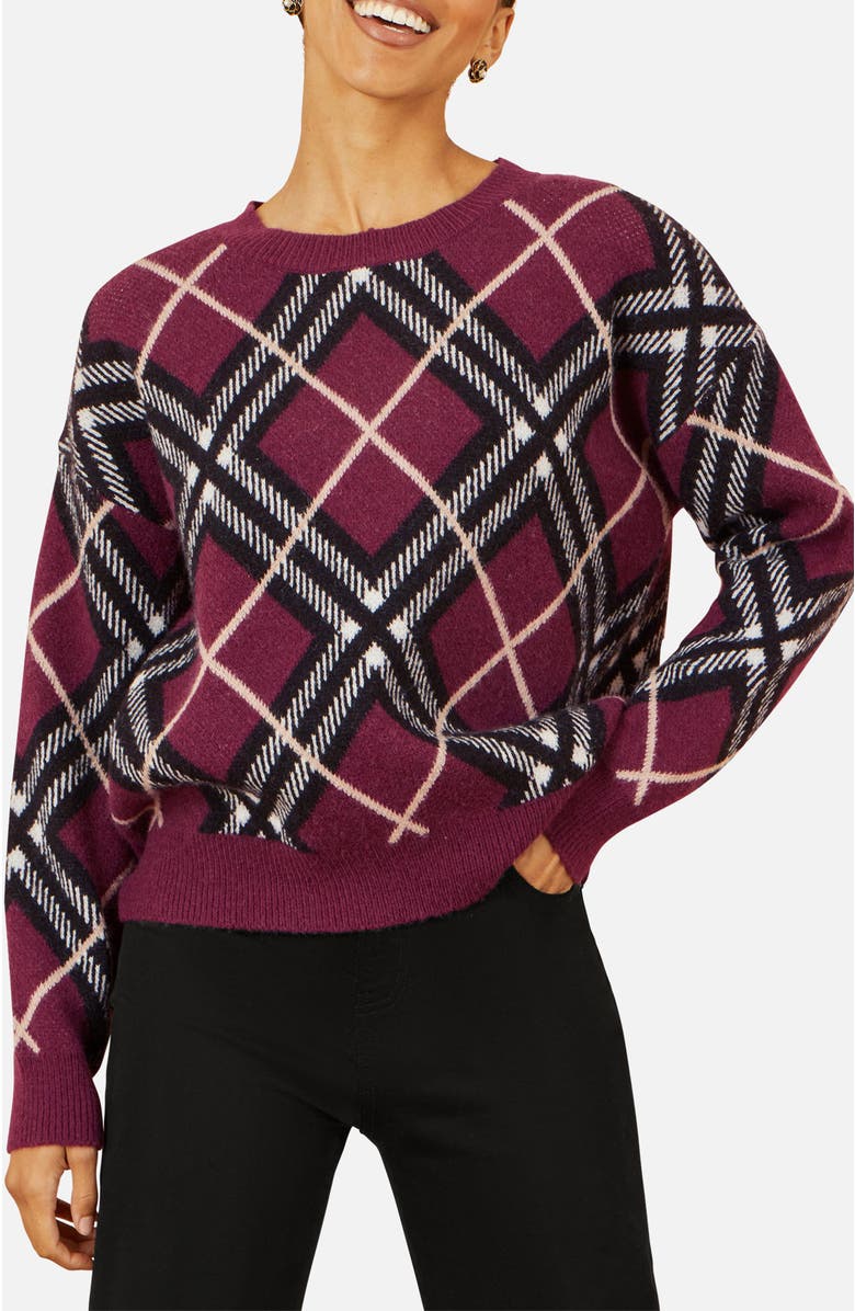 Yumi Argyle Check Relaxed Sweater, Alternate, color, Burgundy