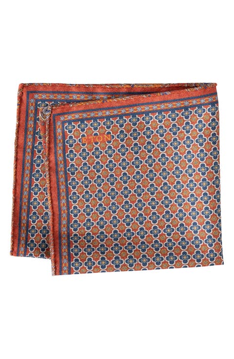 Orange Quatrefoil & Paisley Reversible Wool Pocket Square