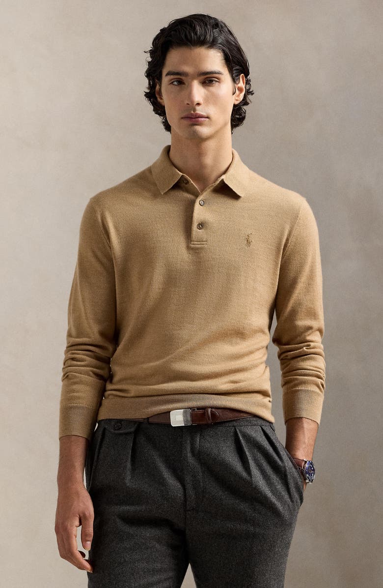 Polo Ralph Lauren Long Sleeve Wool Polo Sweater, Alternate, color, Camel Melange