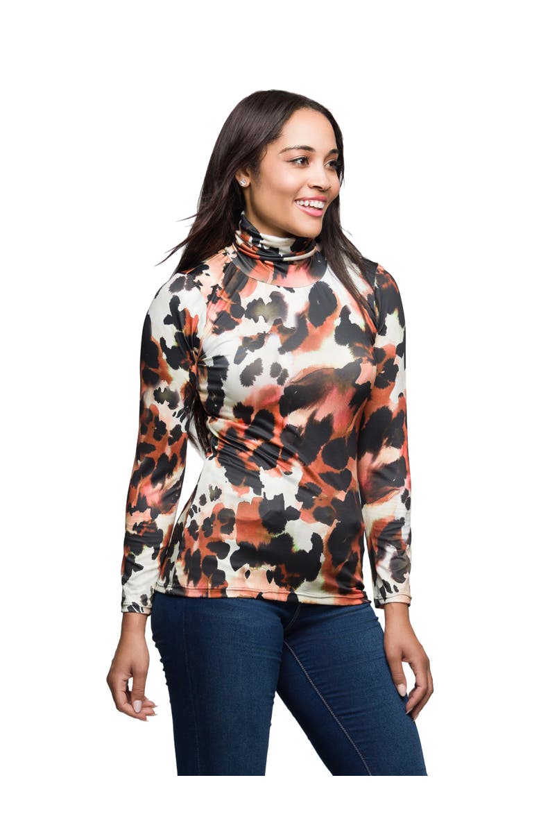 24seven Comfort Apparel Long Sleeve Turtleneck Top Animal Print, Alternate, color, Brown Multi