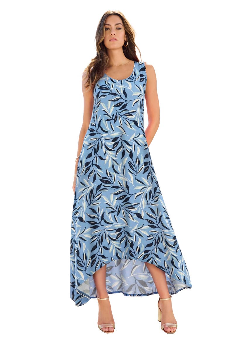 Plus Size Stretch Knit Sleeveless A Line Maxi Dress, Main, color, FRENCH BLUE TOSSED LEAVES