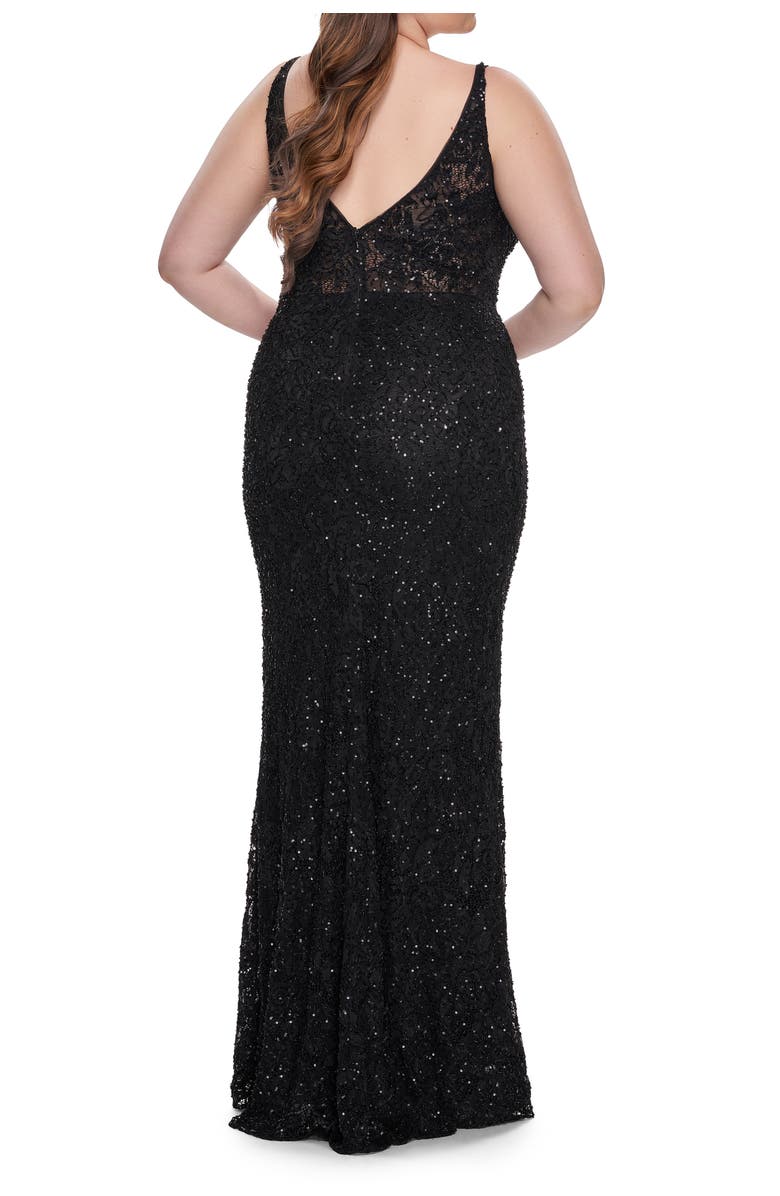 La Femme Fitted Beaded Lace Plus Size Prom Dress with Illusion Waist, Alternate, color, Black