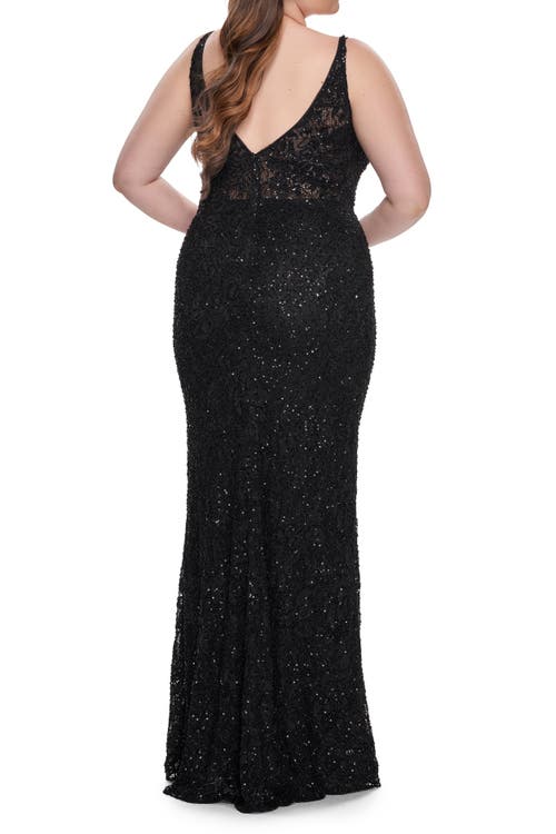 La Femme Fitted Beaded Lace Plus Size Prom Dress With Illusion Waist