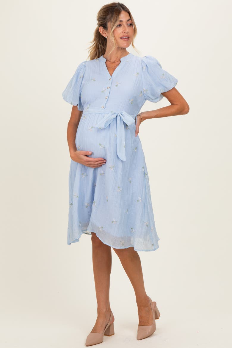 Floral Embroidered Tie Waist Dress, Alternate, color, Blue