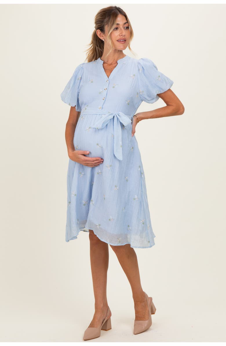 PinkBlush Floral Embroidered Tie Waist Dress, Alternate, color, Blue