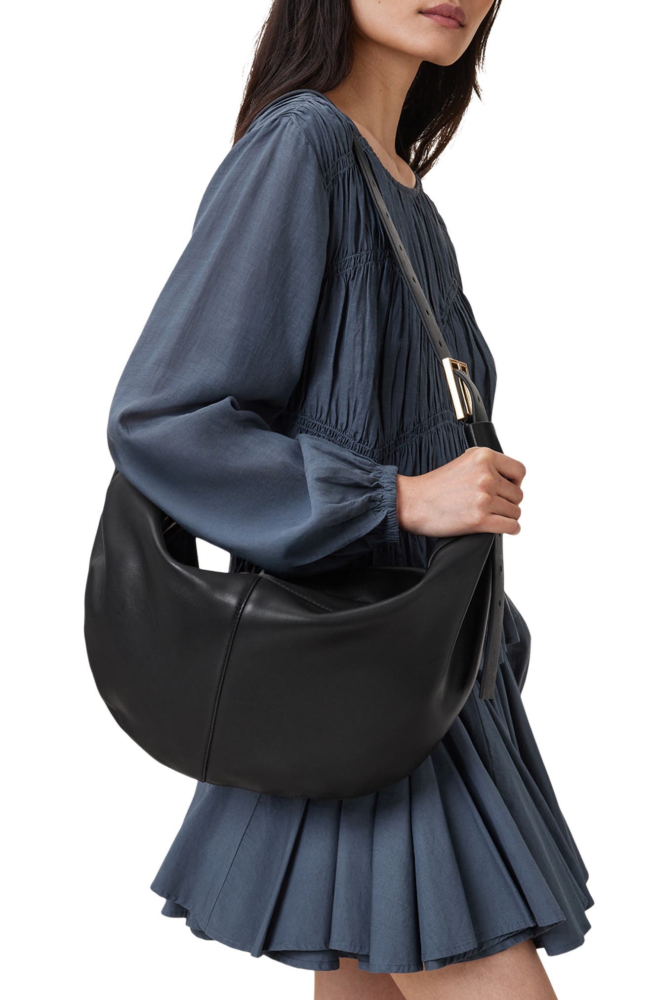 AllSaints Luna Leather Shoulder Bag, Alternate, color, Black