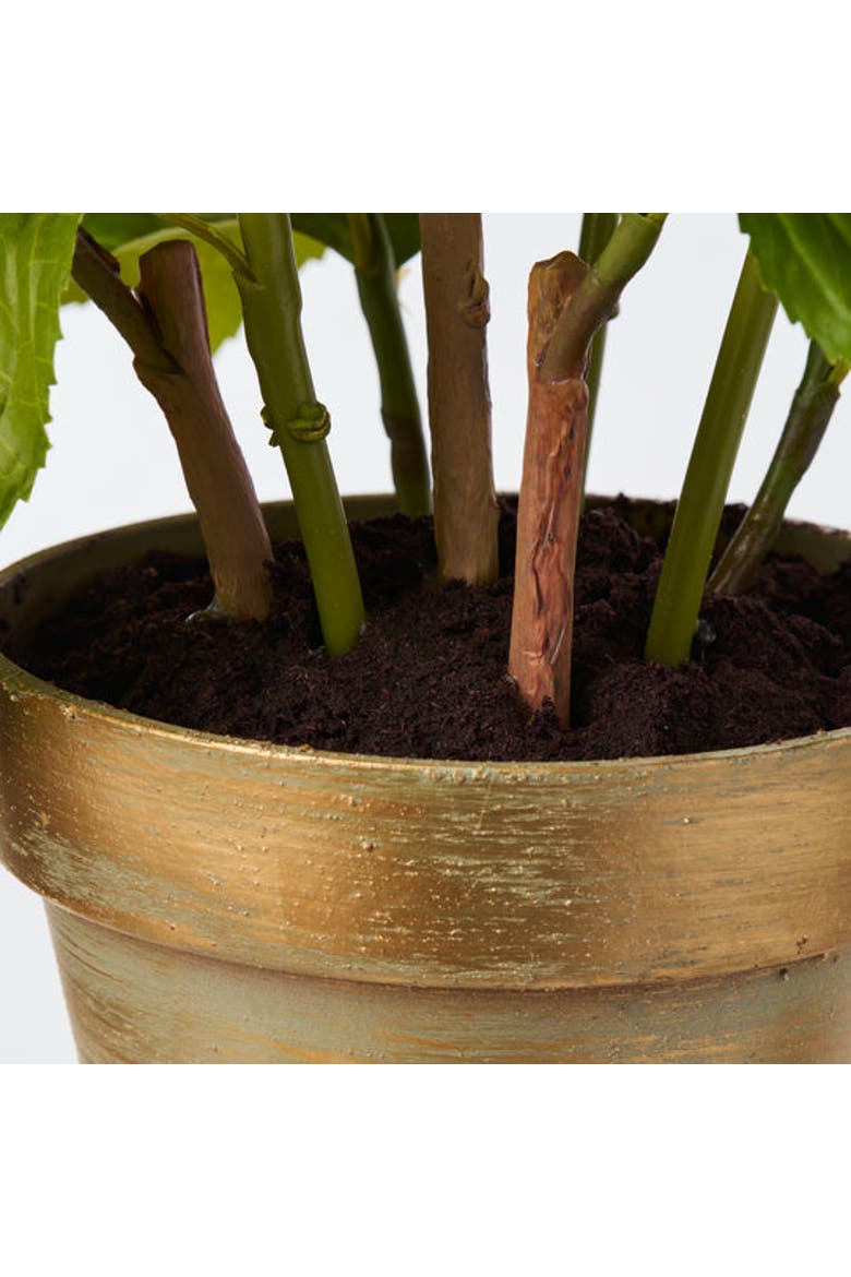 Potted Red Silk Hydrangea Stems Flowering Multi-Bloom Plant in Brushed Metallic Gold Pot, Alternate, color, Red