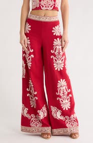 Alice + Olivia Athena Embroidered Wide Leg Linen Pants