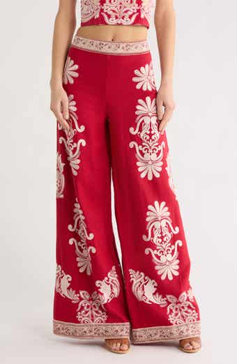 Alice + Olivia Athena Embroidered Wide Leg Linen Pants