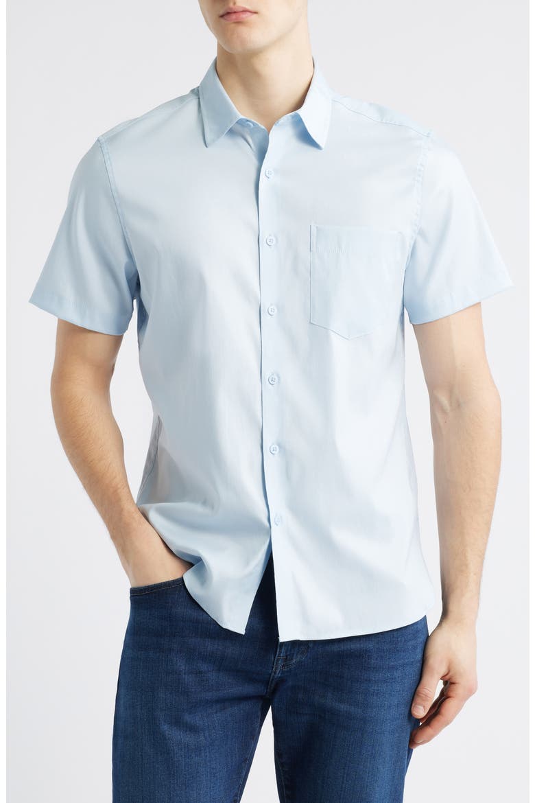 Solid Short Sleeve Stretch Button-Up Shirt, Main, color, BLUE SKYWAY