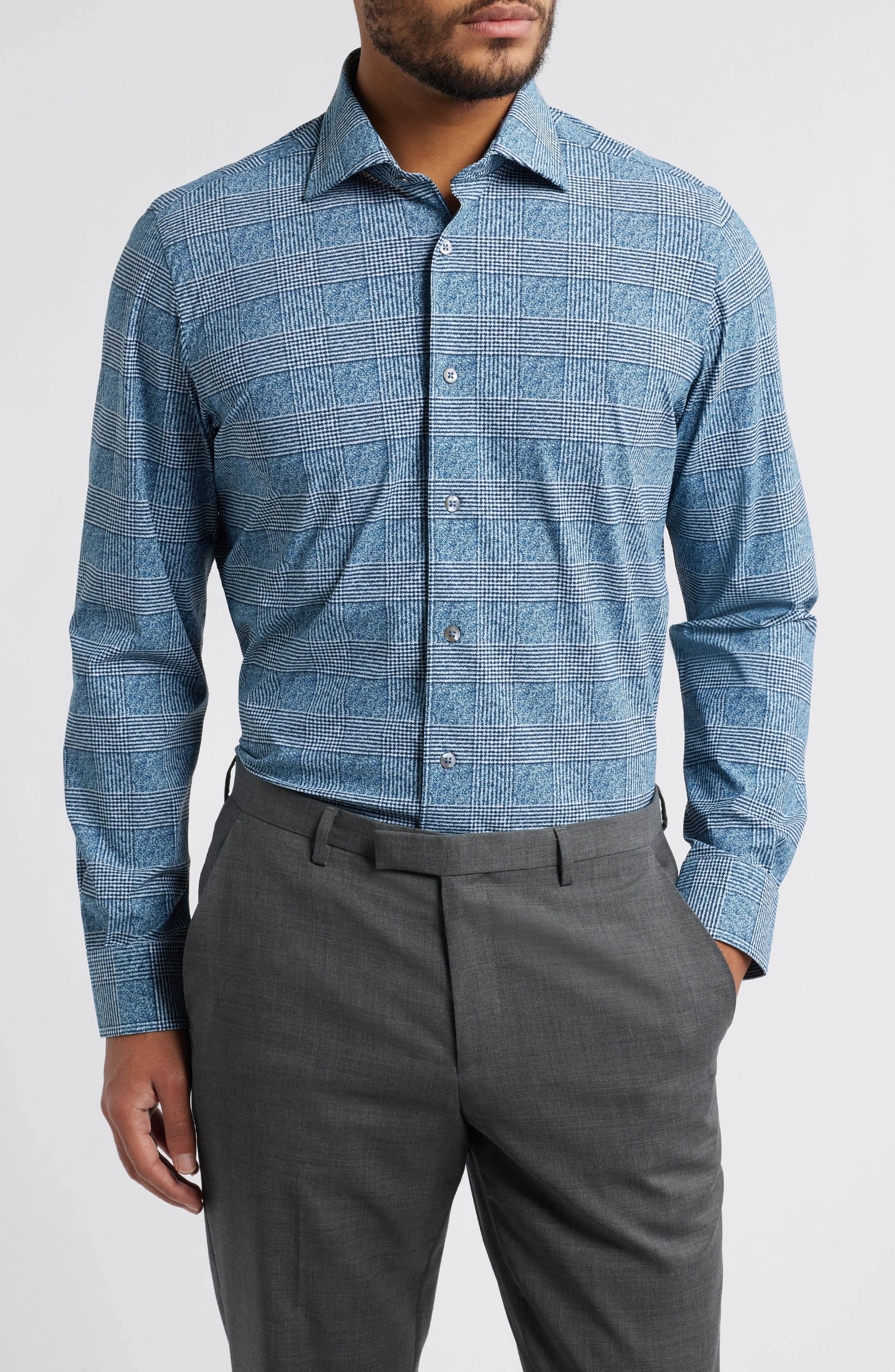 Downing Glen Plaid Knit Nylon Blend Dress Shirt