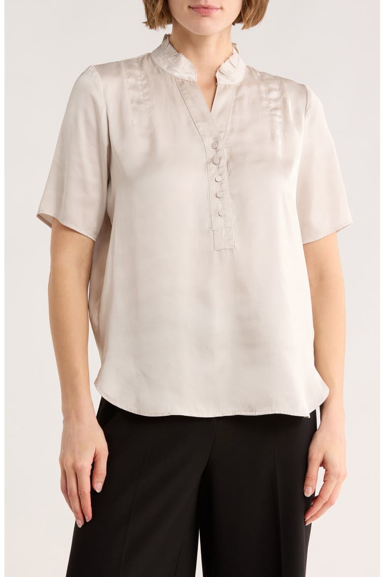 Ruffle Split Neck Short Sleeve Top, Main, color, TRANQUIL TAUPE