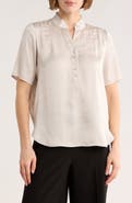T Tahari Ruffle Split Neck Short Sleeve Top