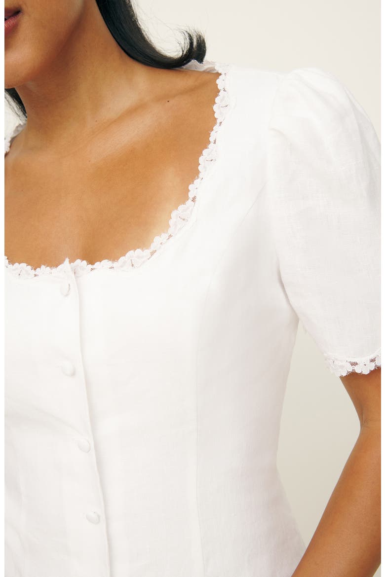 Annabella Lace Trim Linen Minidress, Alternate, color, WHITE