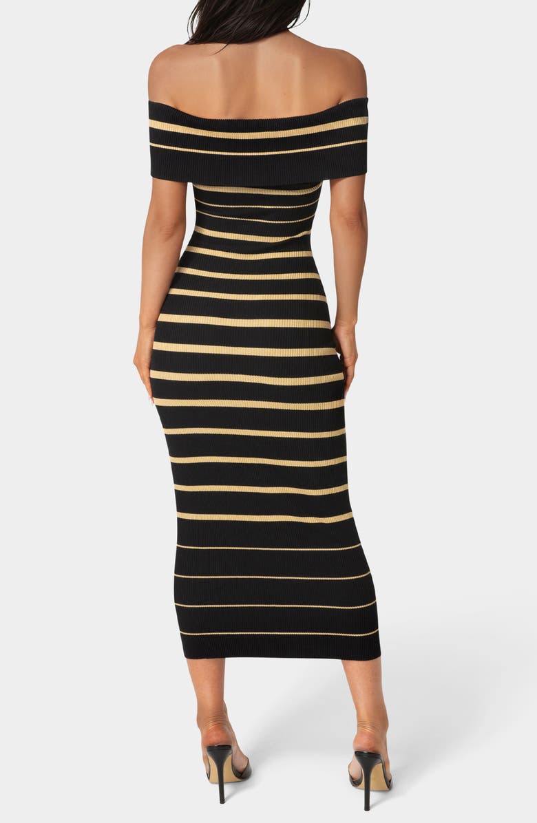 bebe Stripe Off the Shoulder Ribbed Body-Con Dress, Alternate, color, 