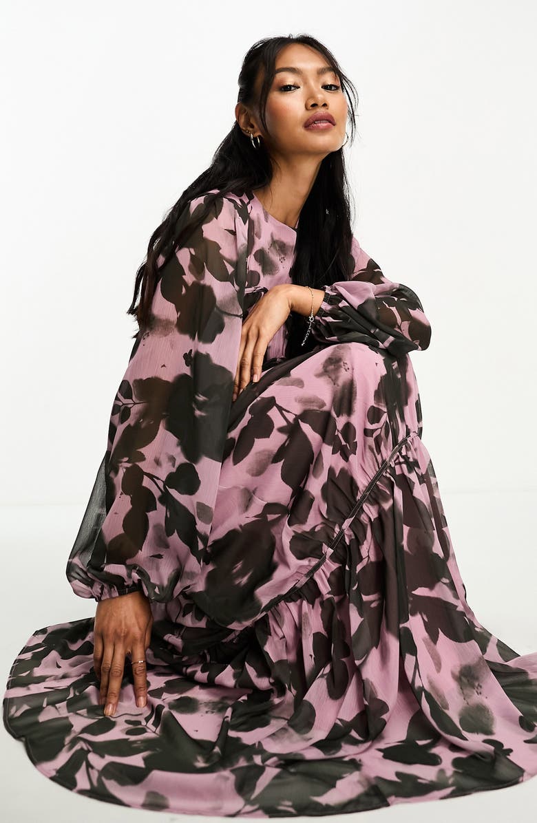ASOS DESIGN Floral Channel Waist Long Sleeve Maxi Dress, Alternate, color,