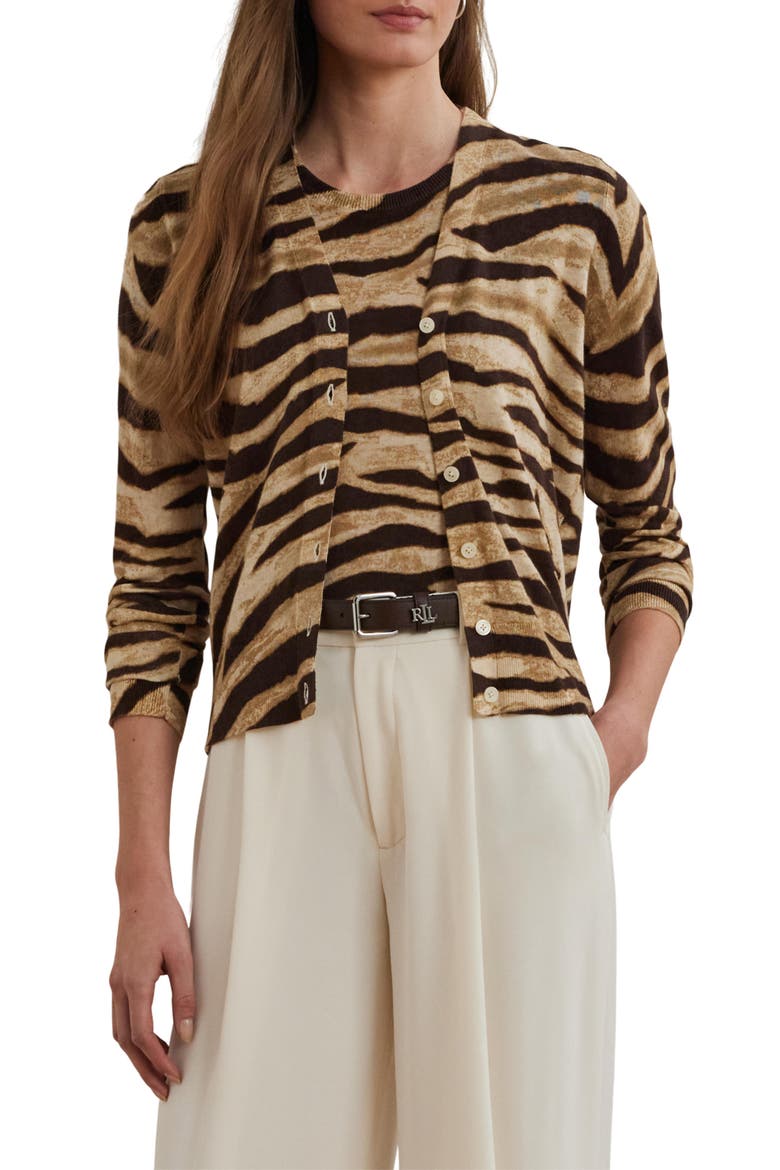 Zebra Stripe Linen & Cotton Cardigan, Main, color, MASCARPONE CREAM/ BROWN