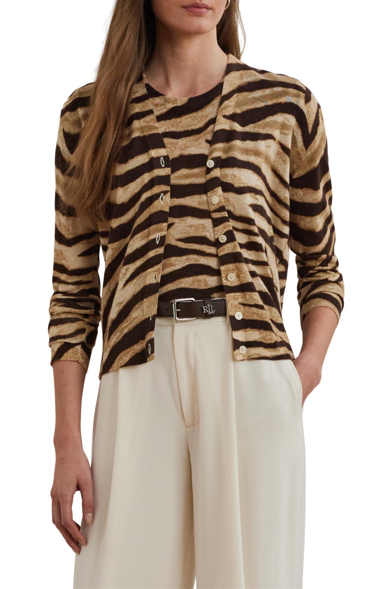 Lauren Ralph Lauren Zebra Stripe Linen & Cotton Cardigan, Main, color, Mascarpone Cream/ Brown