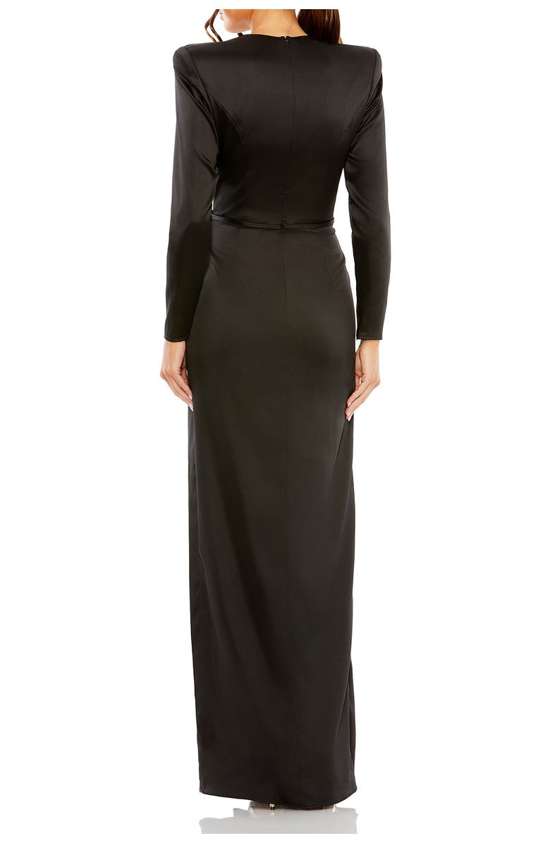 Mac Duggal Petite Long Sleeve Satin Structured Bow Draped Column Gown, Alternate, color, Black