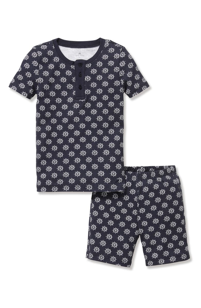Petite Plume Kids' Captain's Compass Fitted Two-Piece Pima Cotton Short Pajamas, Main, color, Navy