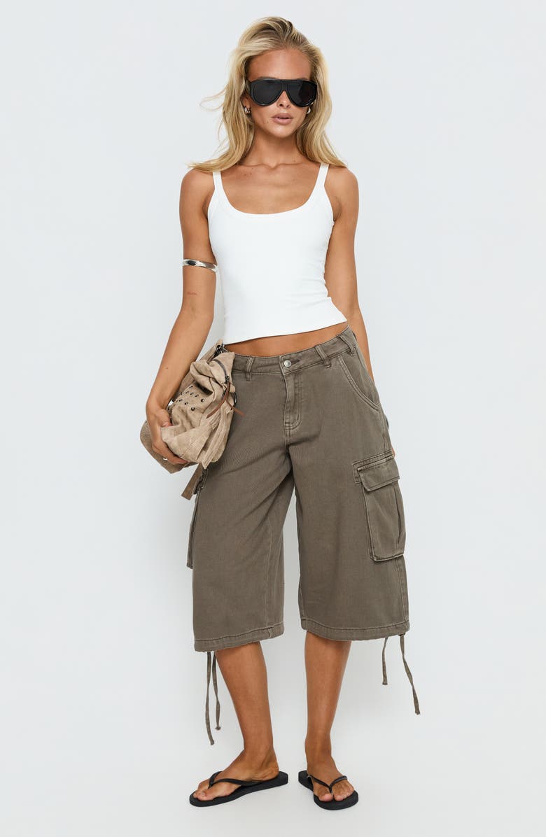 Princess Polly Hudsen Low Rise Longline Denim Cargo Shorts, Alternate, color, Khaki