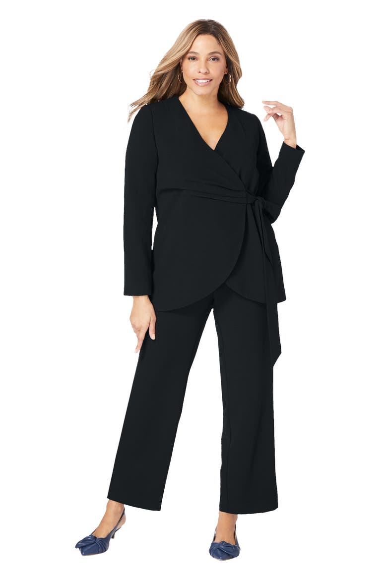 2 Piece Faux Wrap Pantsuit (plus), Main, color, BLACK