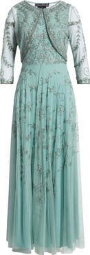 Pisarro Nights Beaded Mesh Gown with Jacket