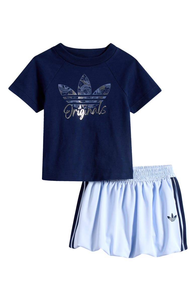 adidas Raglan Sleeve Graphic T-Shirt & Bubble Skirt Set, Main, color, Night Indigo