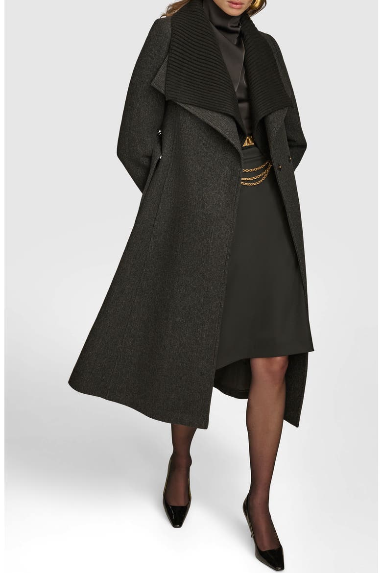 Rib Belted Wool Blend Wrap Coat with Bib, Alternate, color, BLACK