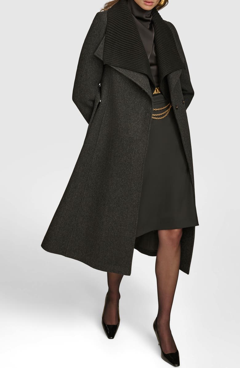 Donna Karan New York Rib Belted Wool Blend Wrap Coat with Bib, Alternate, color, Black